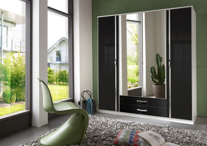 Tiya 4 Door 2 Drawer Mirrored Gloss Wardrobe - White & Black