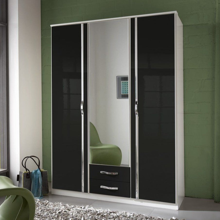 Tiya 3 Door 2 Drawer Mirrored Gloss Wardrobe - White & Black