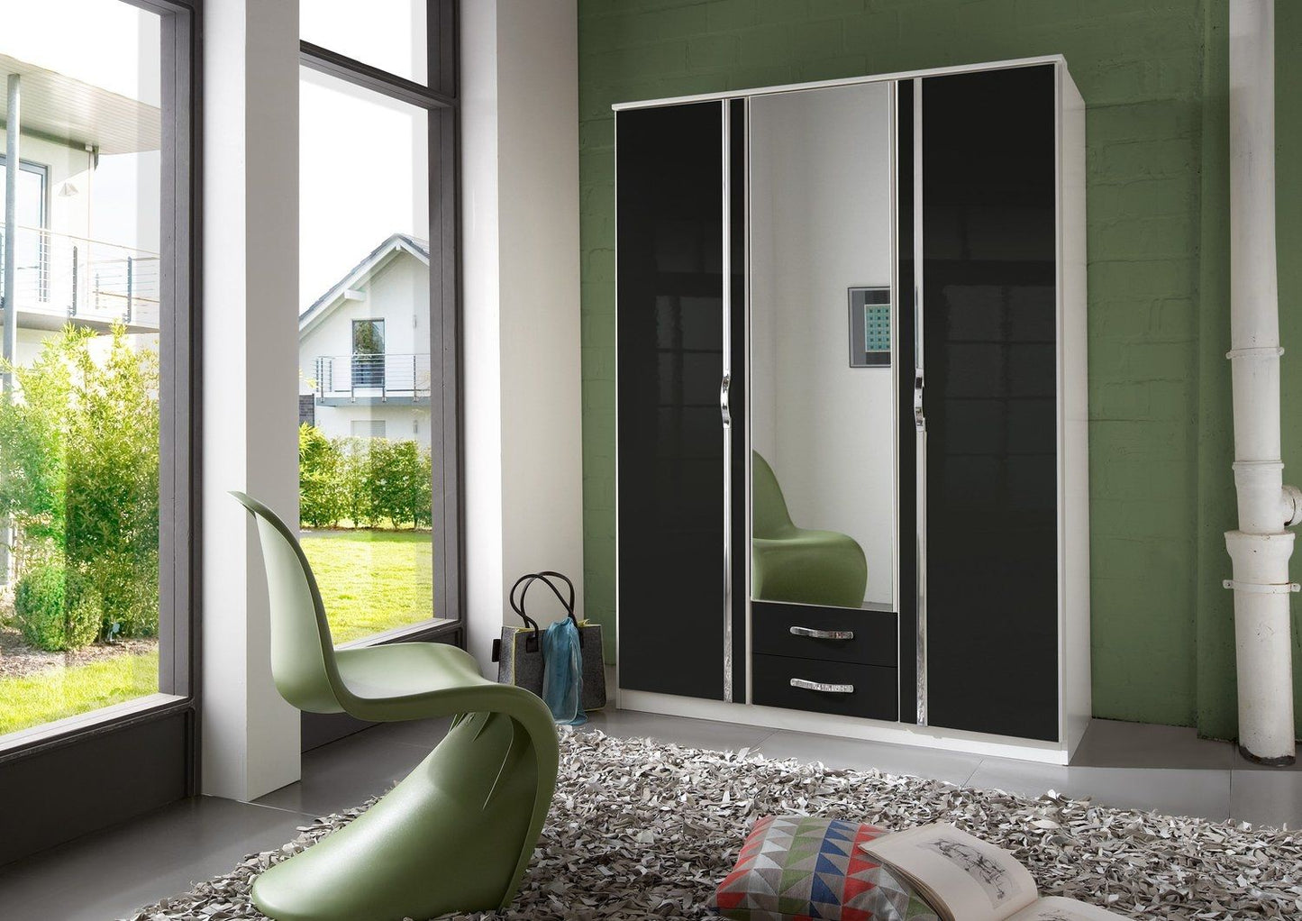 Tiya 3 Door 2 Drawer Mirrored Gloss Wardrobe - White & Black