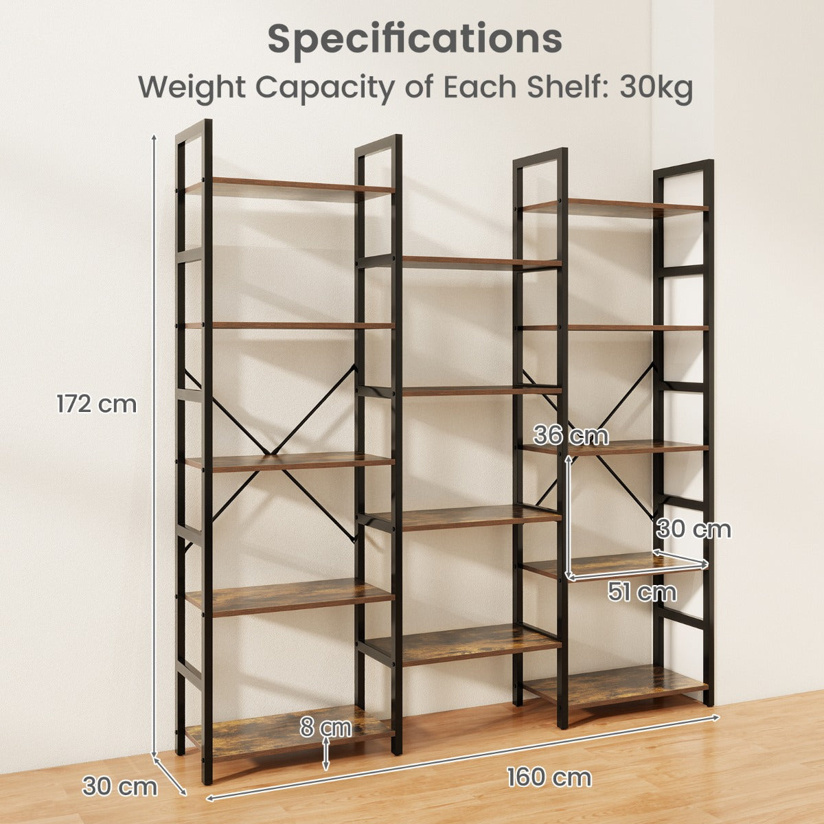 Triple Wide Heavy-duty Metal Frame Industrial Bookshelf with 14 Open Shelves-Brown