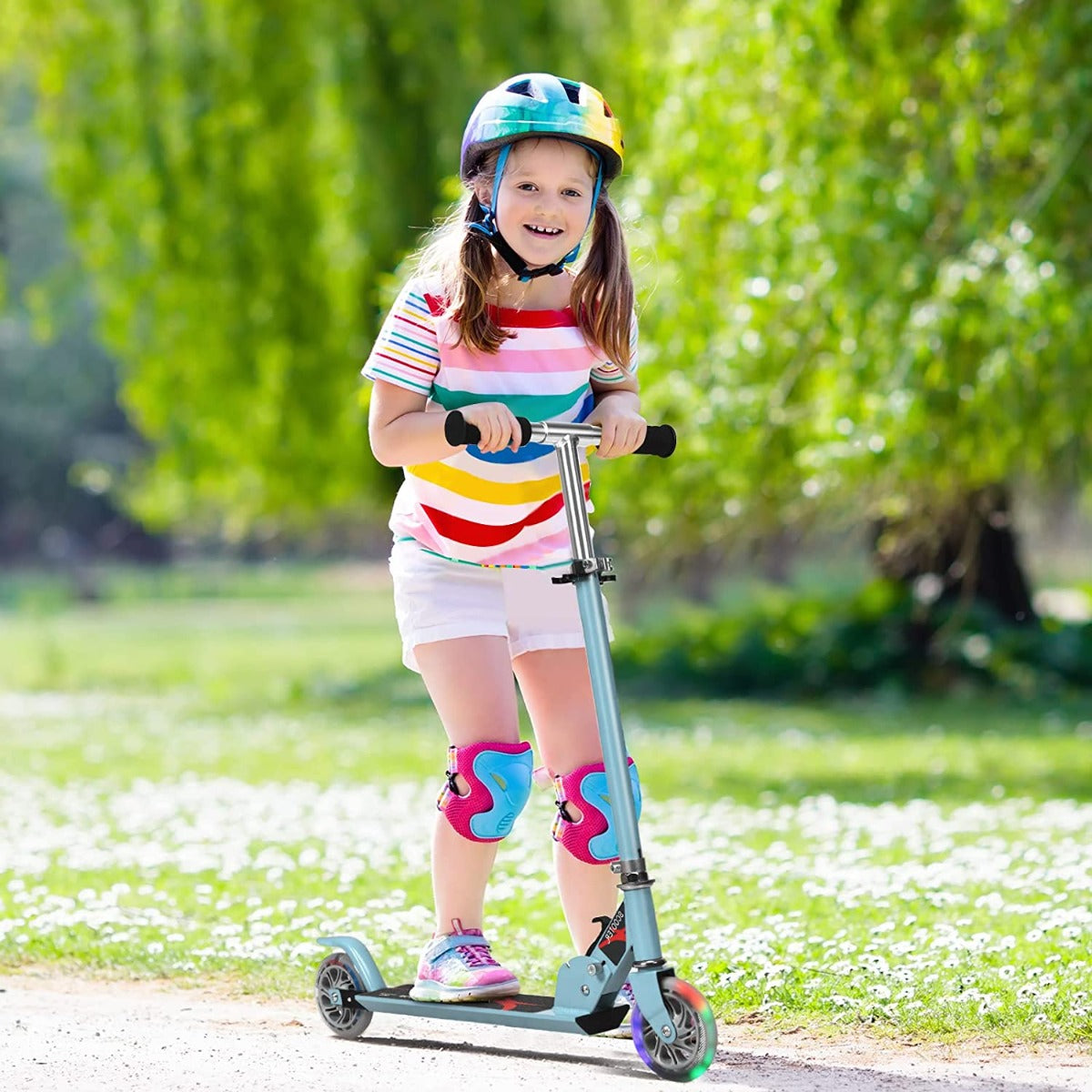 Kids Aluminum Folding Stunt Scooter with LED Wheels-Navy