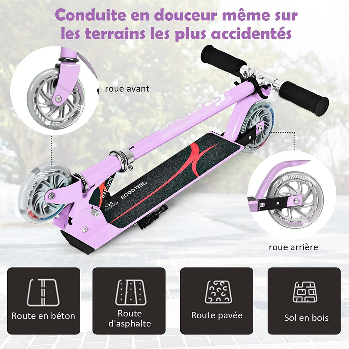 Kids Aluminum Folding Stunt Scooter with LED Wheels-Purple