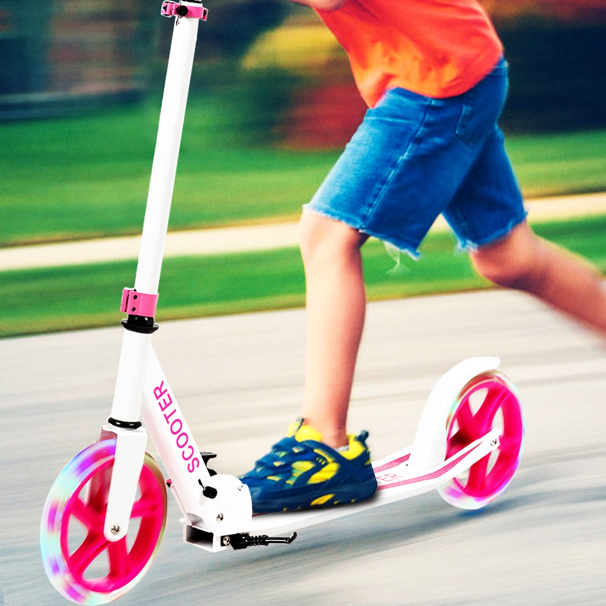Foldable and Adjustable Kick Scooter with 2 Big Wheels and LED Lights-Pink