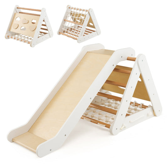 4 in 1 Toddler Wooden Triangle Climber with Ramp and Sliding Board-White