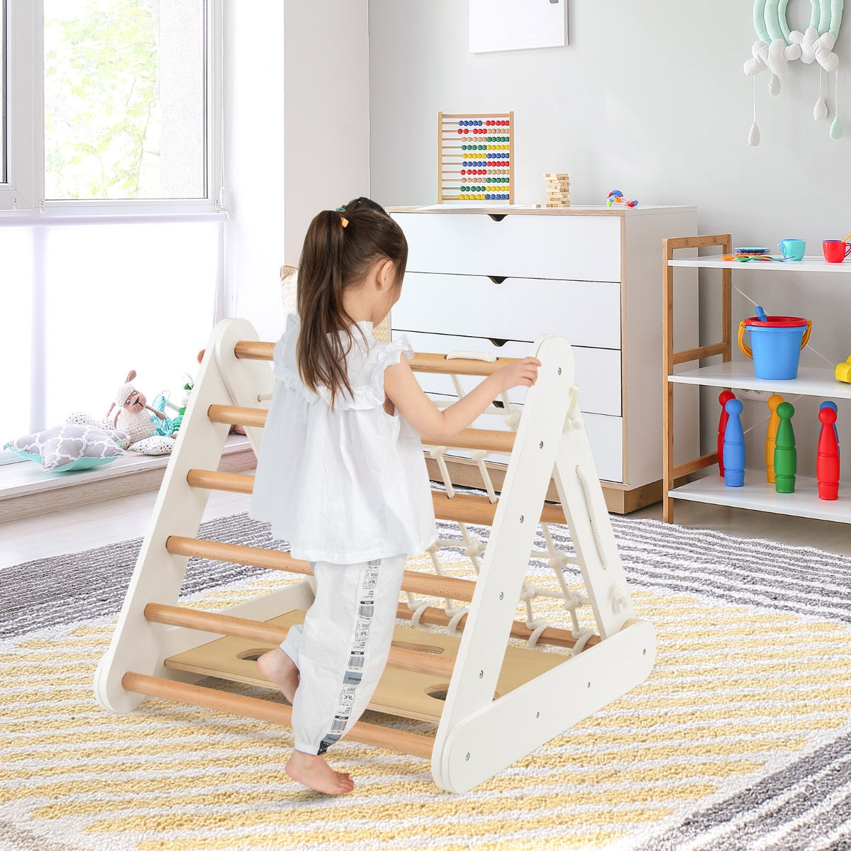 4 in 1 Toddler Wooden Triangle Climber with Ramp and Sliding Board-White