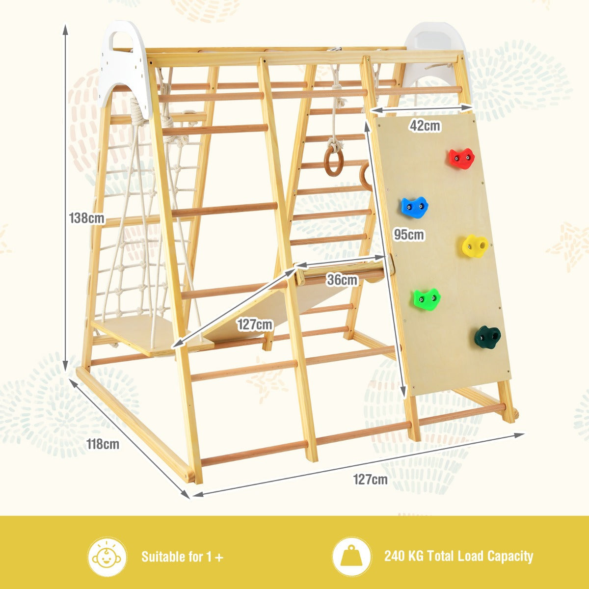 8-in-1 Wooden Jungle Gym Playset with Monkey Bars & Climbing Ladder-Natural