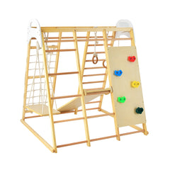 8-in-1 Jungle Gym Playset Wooden Climber Play Set with Monkey Bars-Natural