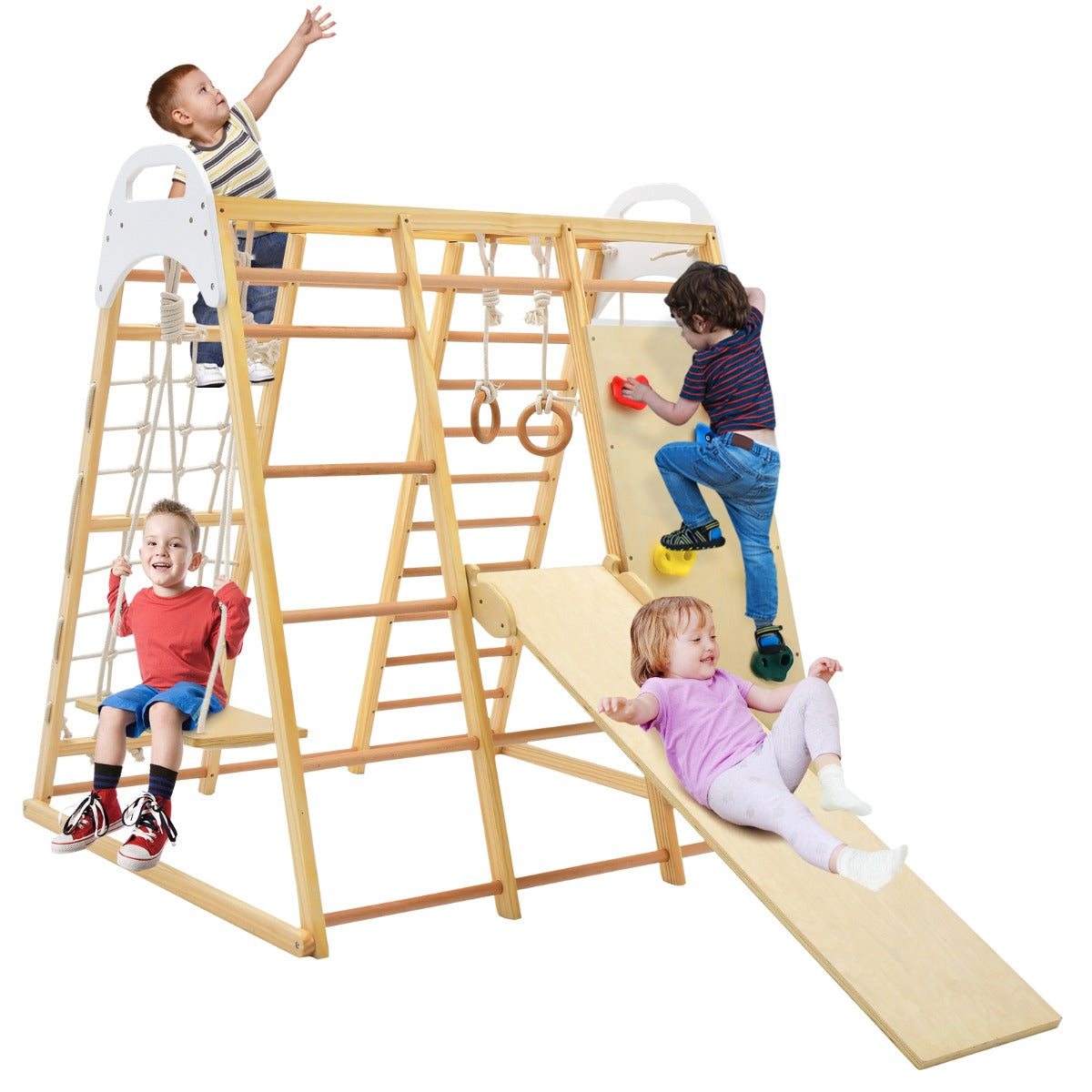 8-in-1 Wooden Jungle Gym Playset with Monkey Bars & Climbing Ladder-Natural