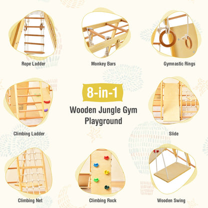 8-in-1 Jungle Gym Playset Wooden Climber Play Set with Monkey Bars-Natural