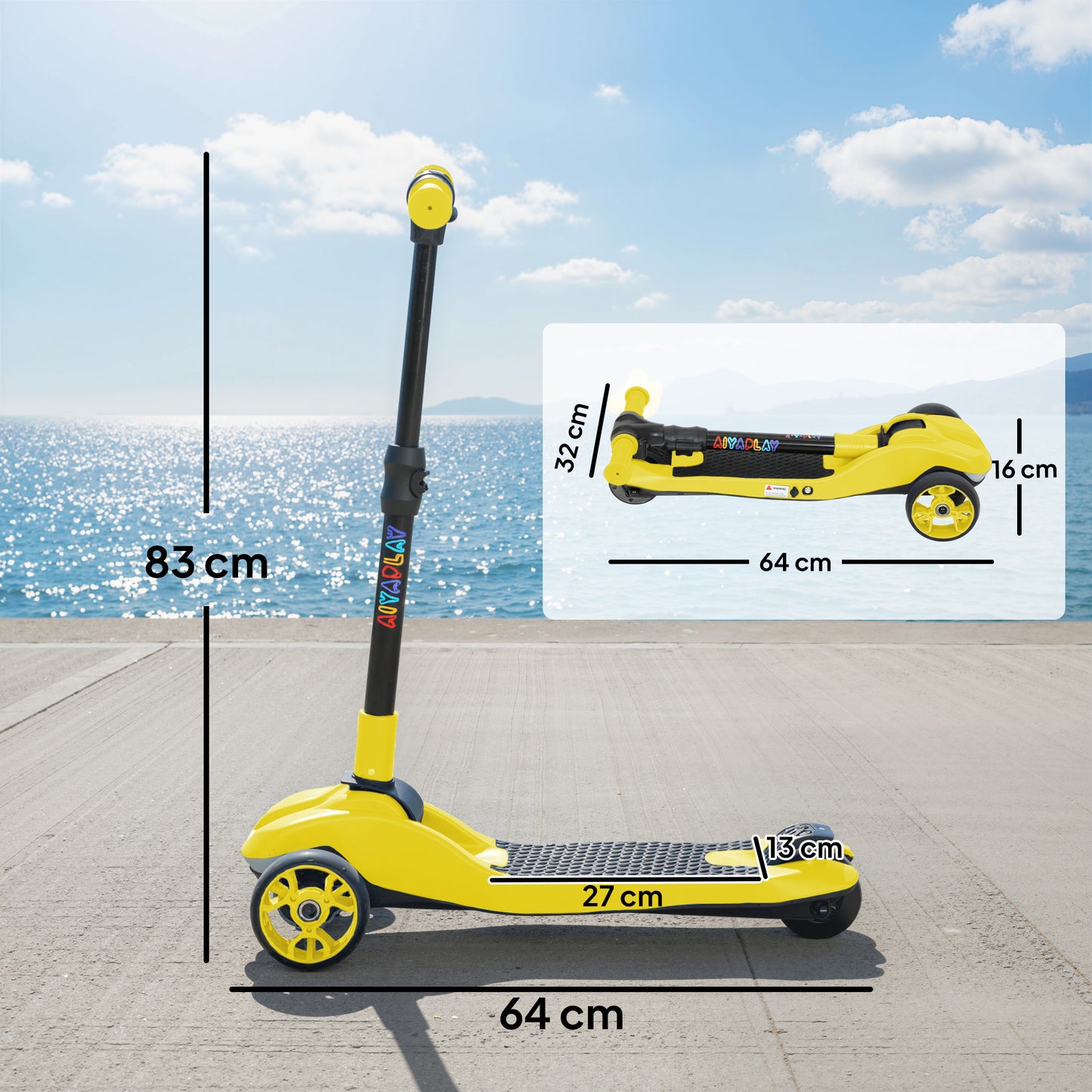 AIYAPLAY Three-Wheel Foldable Electric Scooter for Kids Aged 6-10 Years, Yellow