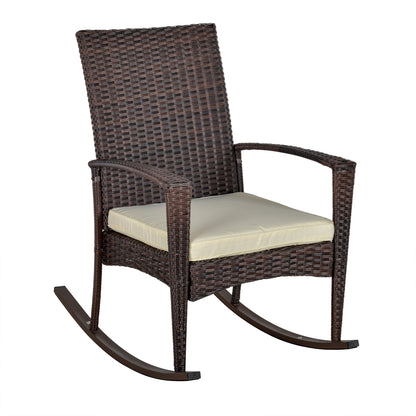 Outsunny Outdoor PE Rattan Rocking Chair, Garden Rocking Chair Set with Armrest and Cushion, Brown