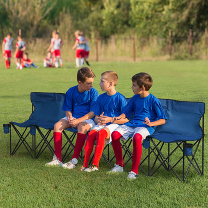 Outsunny 6 Seater Folding Bench, Outdoor Camping Chair Portable Sports Spectator Chair with Steel Frame, Cup Holder & Carry Bag, Blue