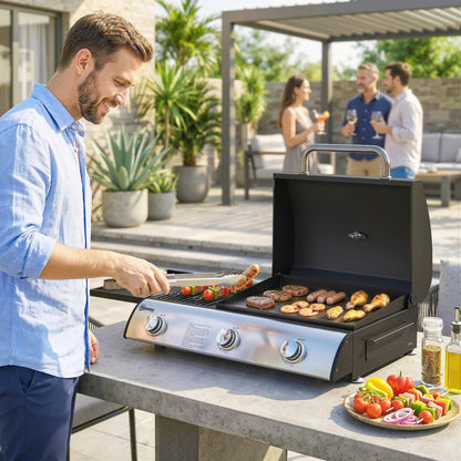 Outsunny 3 Burner Portable Gas Plancha BBQ Grill, 8.1 kW Outdoor Tabletop Gas Barbecue Grill with Griddle, Thermometer,, Black