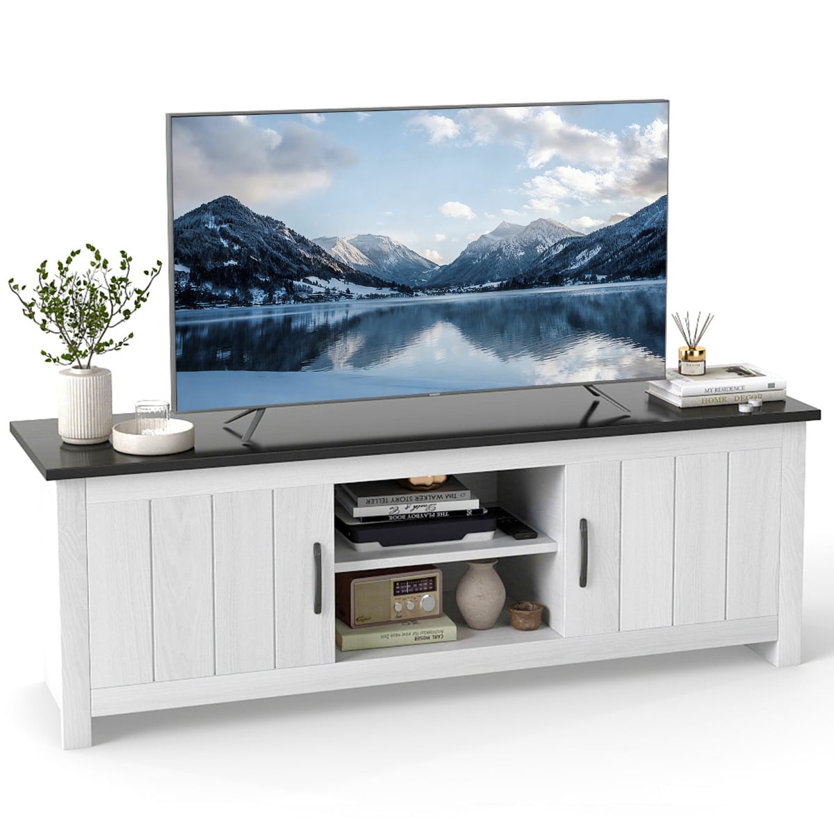 TV Stand with 2 Doors and Storage Shelves for TVs up to 65 Inches-Black & White
