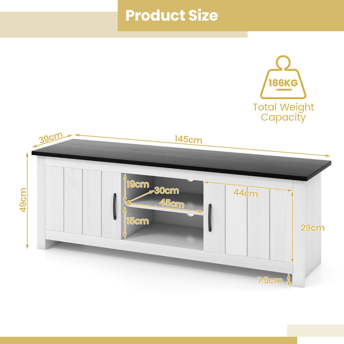 TV Stand with 2 Doors and Storage Shelves for TVs up to 65 Inches-Black & White
