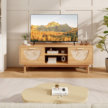 TV Console Media Cabinet with 2 Drawers &amp; Bamboo Woven Fronts-Natural