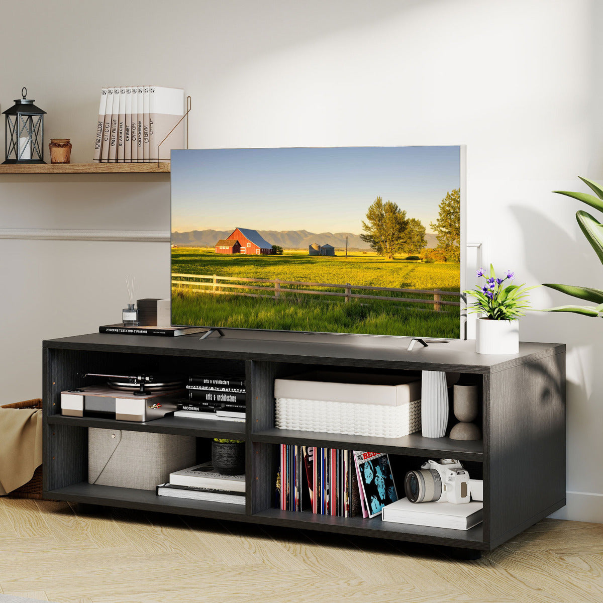 Home TV Stand with 5 Positions Adjustable Shelves for TV up to 4 Cubbies-Black