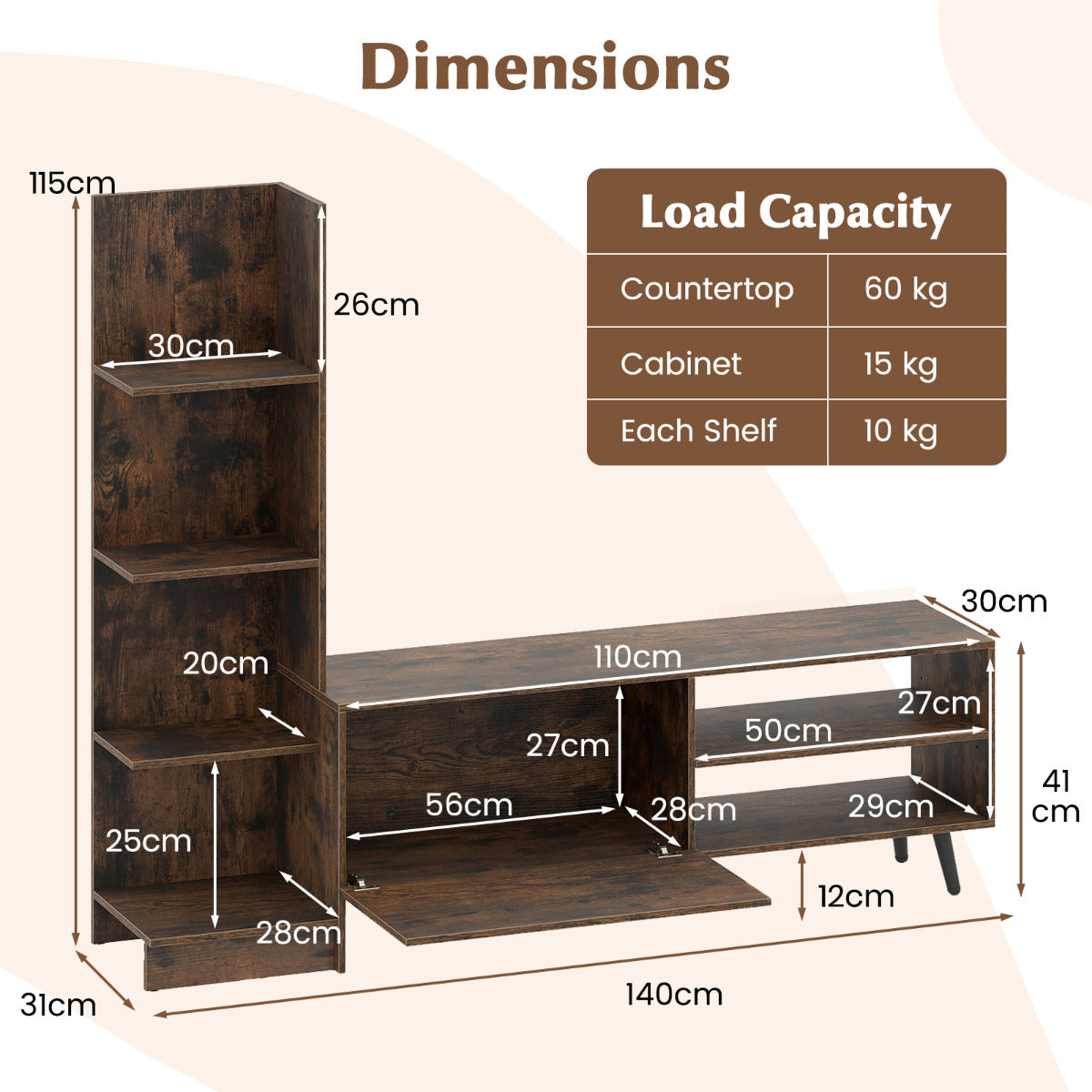 TV Stand for TVs up to 50 Inches with Adjustable Shelf for Living Room Bedroom-Rustic Brown