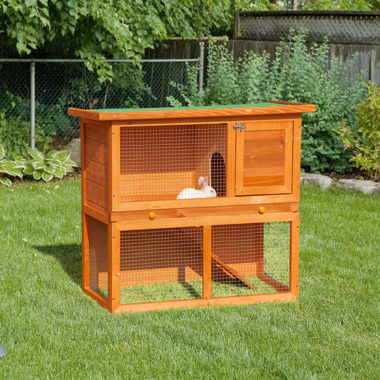 PawHut Rabbit Hutch Outdoor Guinea Pig Hutch Wooden Pet Cage Run 2-Tier with Opening Top, 90 x 45 x 80cm