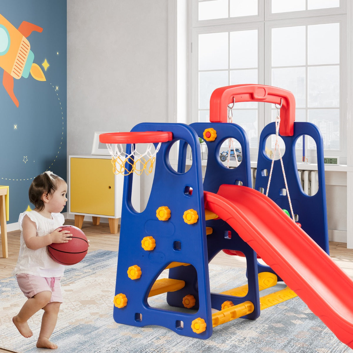 3 in 1 Toddler Slide and Swing Set with Basketball Hoop