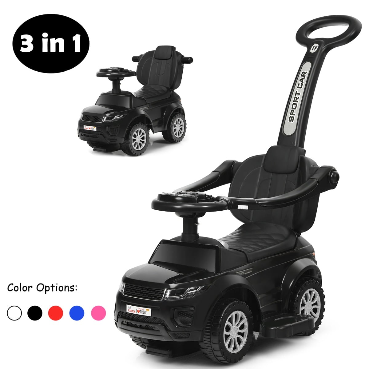 3 in 1 Ride on Push Car Stroller Sliding Walking Car-Black