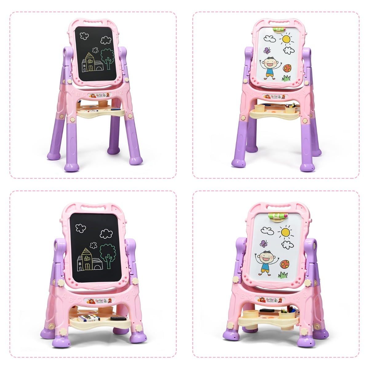 Kid's Double Sided Boards Easel Magnetic Painting Art-Pink
