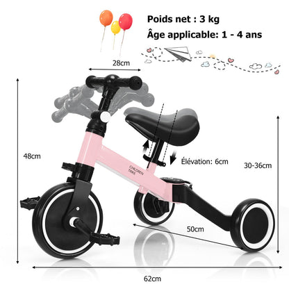 3 in 1 3 Wheel Kids Tricycles with Adjustable Seat and Handlebarfor Ages 1-3-Pink