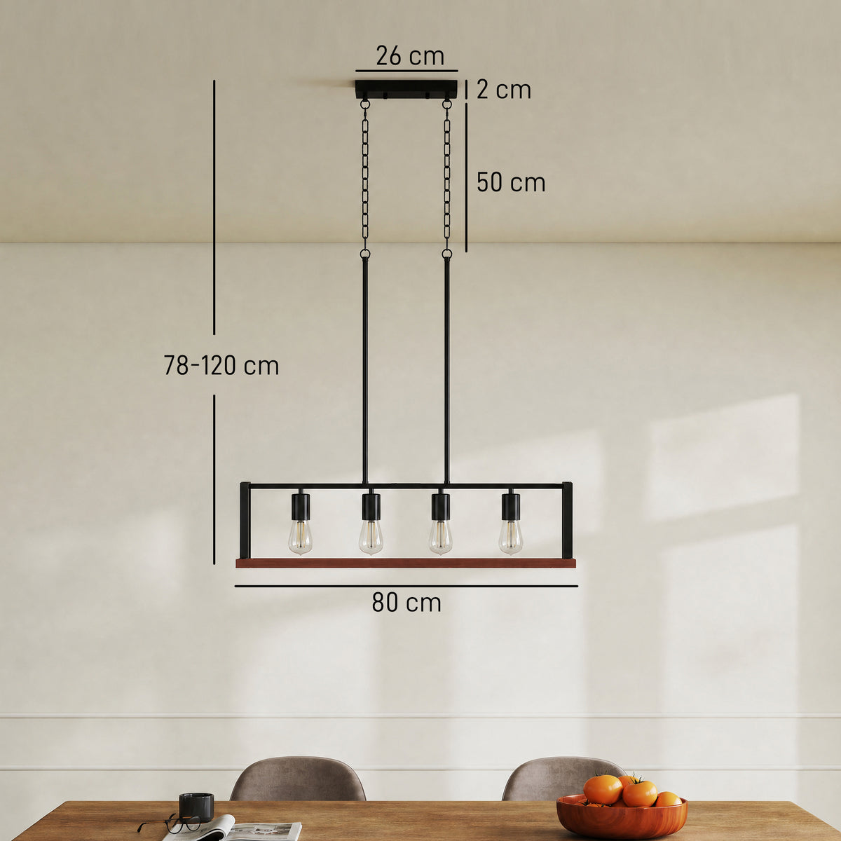 HOMCOM 4-Light Pendant, Industrial Hanging Fixture with Adjustable Height for Dining Room, Black, (E27 Base, NO Bulbs)