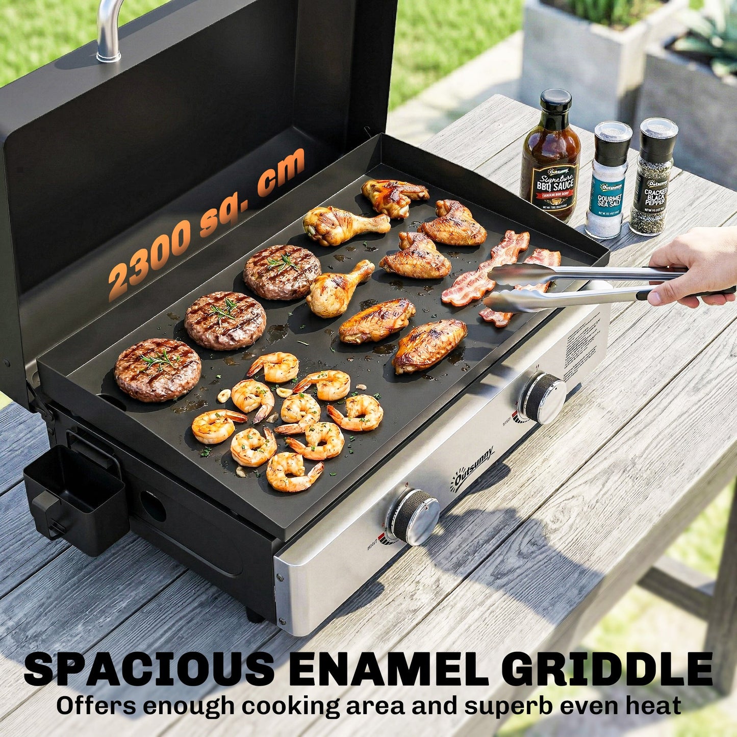 Outsunny 2 Burner Grill Griddle, Portable Gas Plancha, 6 kW, Tabletop Gas BBQ with Grease Cup for Camping Picnic Patios, Black