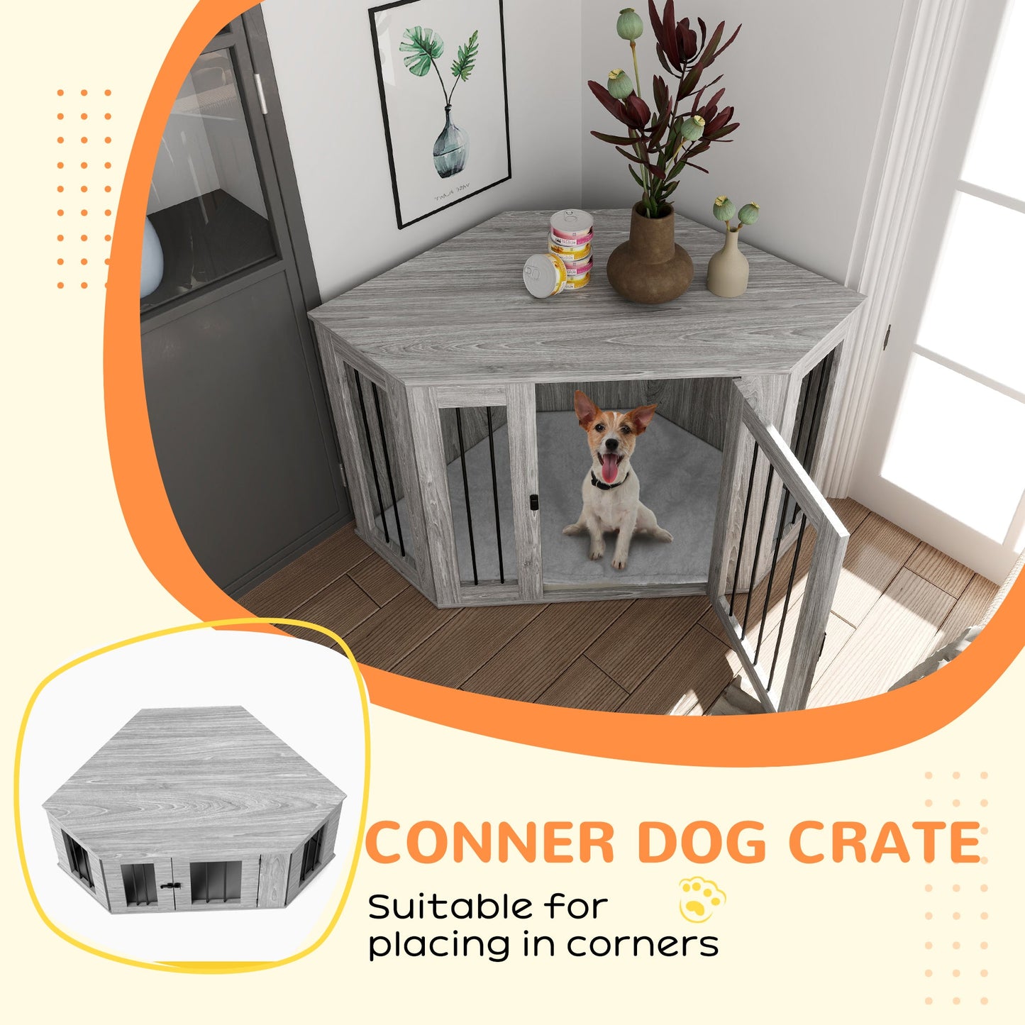 PawHut Dog Crate Furniture Side Table, with Cushion, 122 x 61 x 71cm - Grey