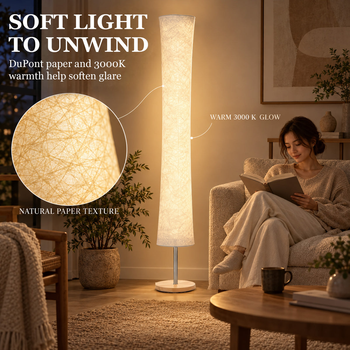 HOMCOM LED Floor Lamp, 152 cm Modern Dimmable Standing Lamp with Paper Shade, Pine Wood Base, White