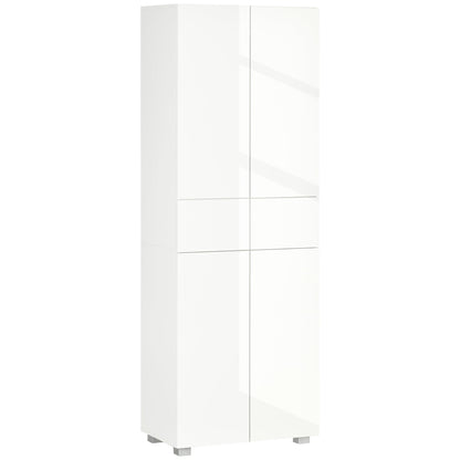 HOMCOM 4-Door Kitchen Cupboard, Tall Freestanding 5-Tier Storage Cabinet with 3 Adjustable Shelves, 2 Drawers for Living Room, Dining Room, Push to Open Design, High Gloss White