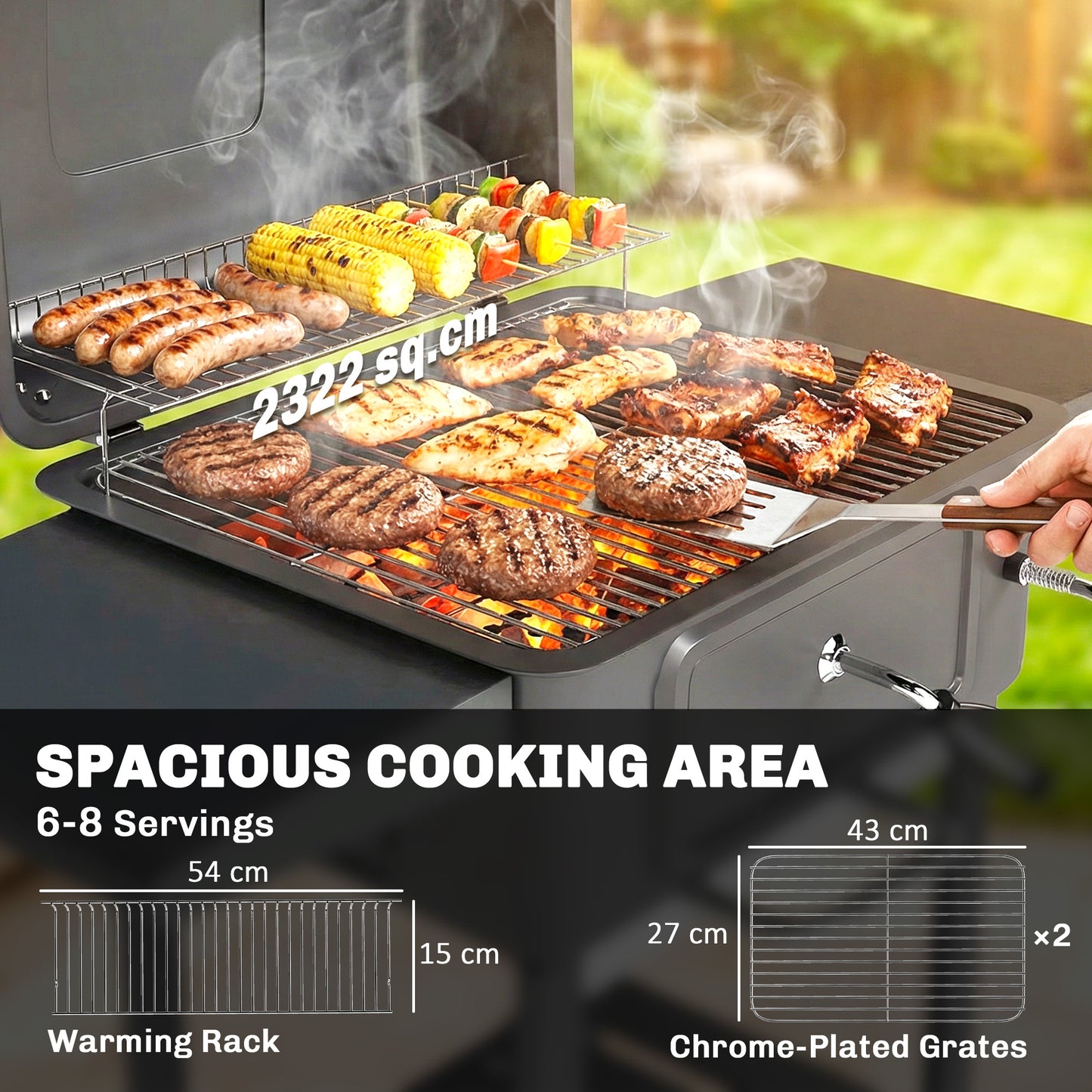 Outsunny Charcoal BBQ Grill with Adjustable Charcoal Pan, Large Barbecue Grill Smoker with Side Tables, Temperature for Outdoor