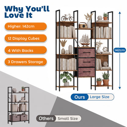 HOMCOM Bookshelf with Drawers Bookcase Open Shelves Storage Unit Study Bedroom Living Room Rustic Brown