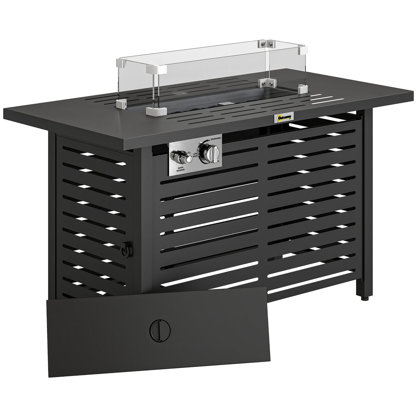 Outsunny Propane Gas Fire Pit Table, Outdoor Firepit with 43" Steel Tabletop and Lid, 50,000 BTU Pulse Ignition Fire Table w/ Stainless Steel Burner, Glass Wind Guard, and Cover