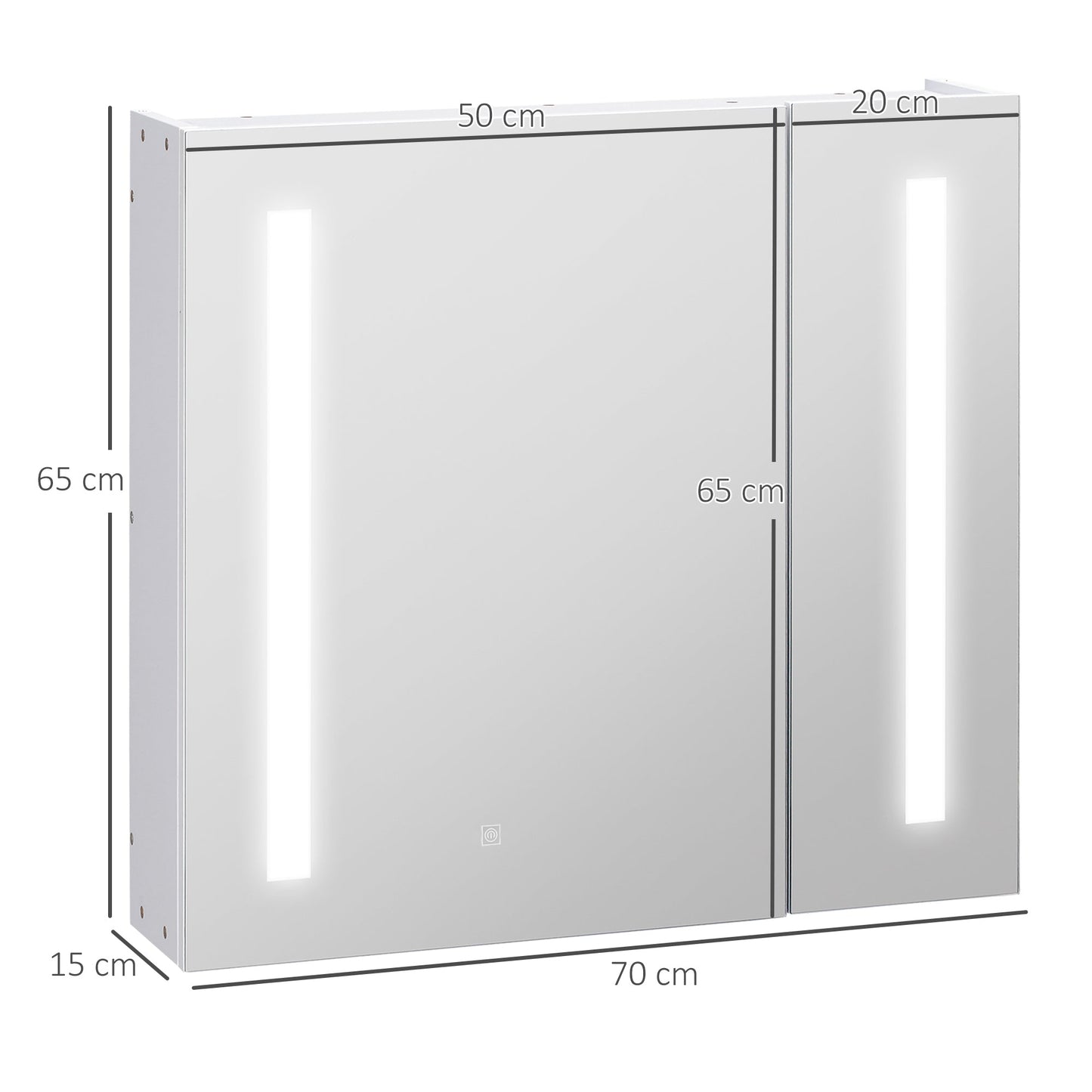 مرآة حمام مضيئة 650 × 700 مم مع مرآة حمام LED مع أضواء تعمل باللمس، رف قابل للتعديل، شحن USB، أبيض