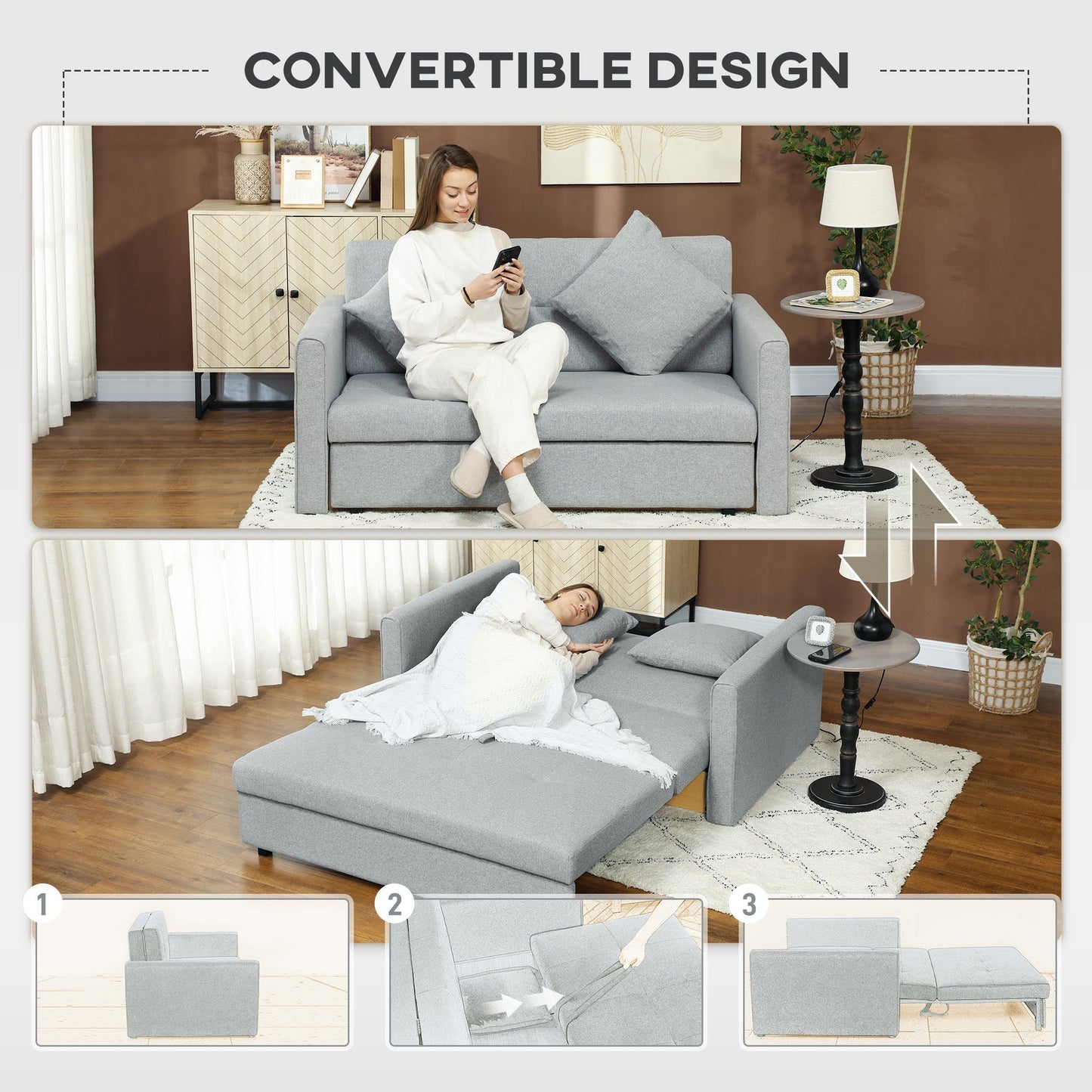 HOMCOM 2 Seater Sofa Bed with Hidden Storage, Pull Out Convertible Bed Settee, Modern Linen Loveseat Sofa Sleeper with 2 Cushions for Living Room, Guest Room, Light Grey