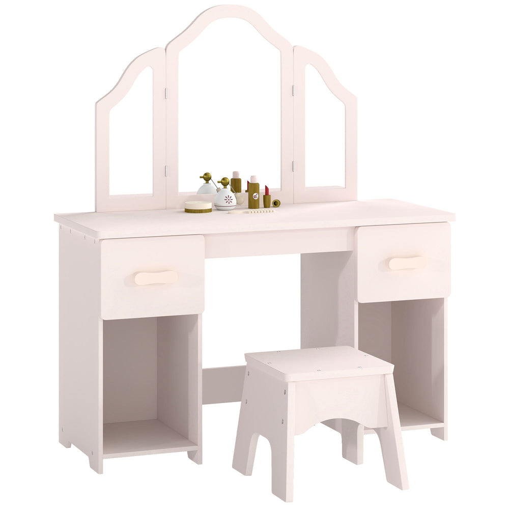 AIYAPLAY Kids Dressing Table, Kids Vanity Table and Chair Set with Tri-Folding Mirror, 2 Drawers, 2 Cabinets for Girls 3+, Pink