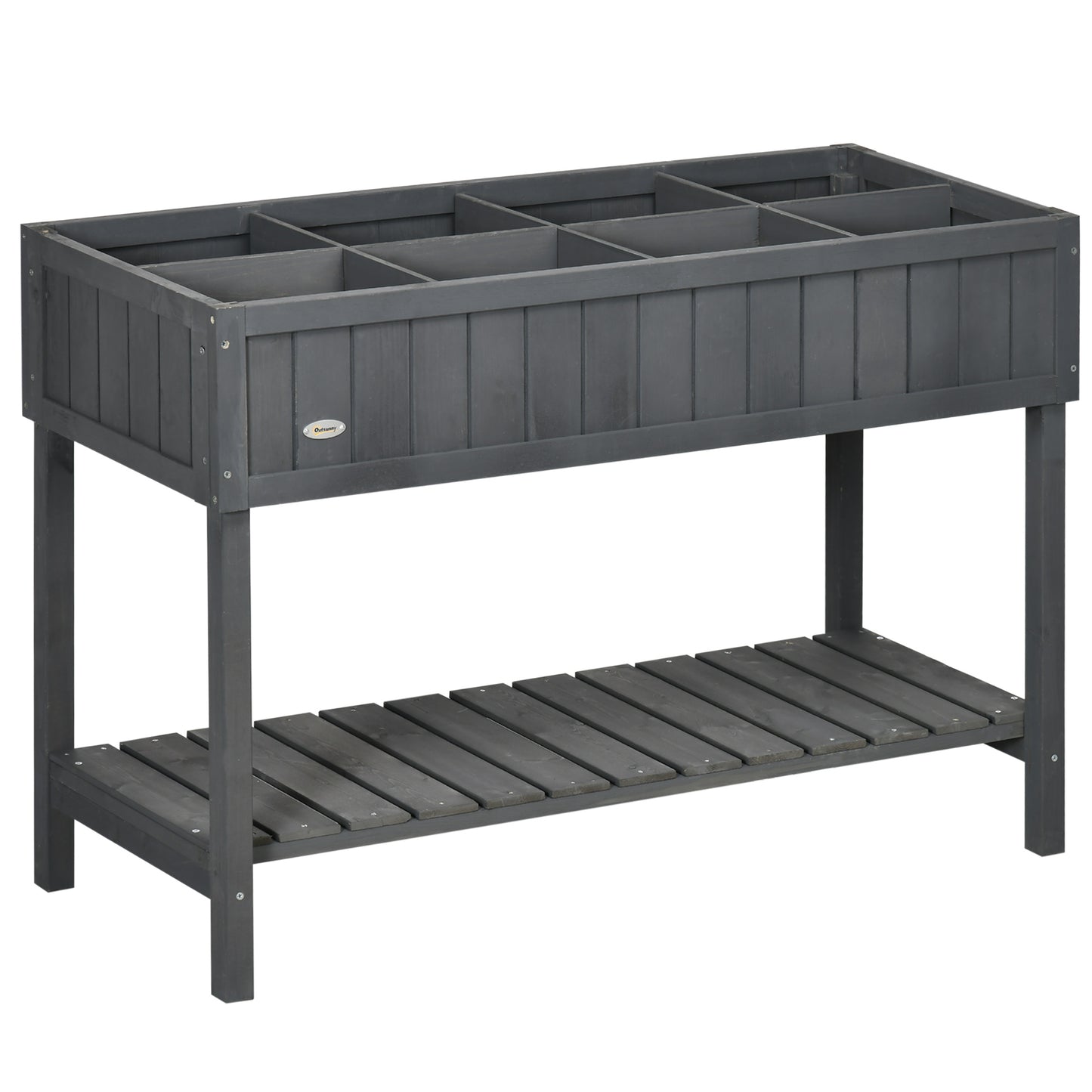 Outsunny Fir Wood Raised Rectangular 8 Compartment Plant Stand Dark Grey