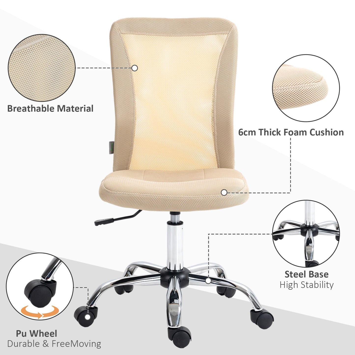 Vinsetto Computer Desk Chair, Mesh Office Chair with Adjustable Height and Swivel Wheels, Armless Study Chair, Beige