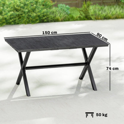 Outsunny Garden Dining Table for 6, Rectangular Outdoor Table with Wood Effect HDPE Top, X-Shaped Metal Legs, Black