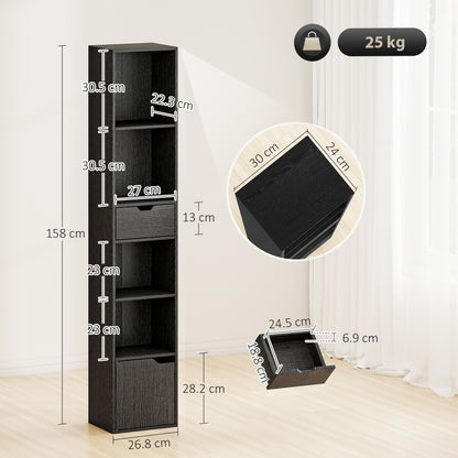 HOMCOM 6-Tier Bookcase, Tall Narrow Bookshelf with Drawer and Door - Black