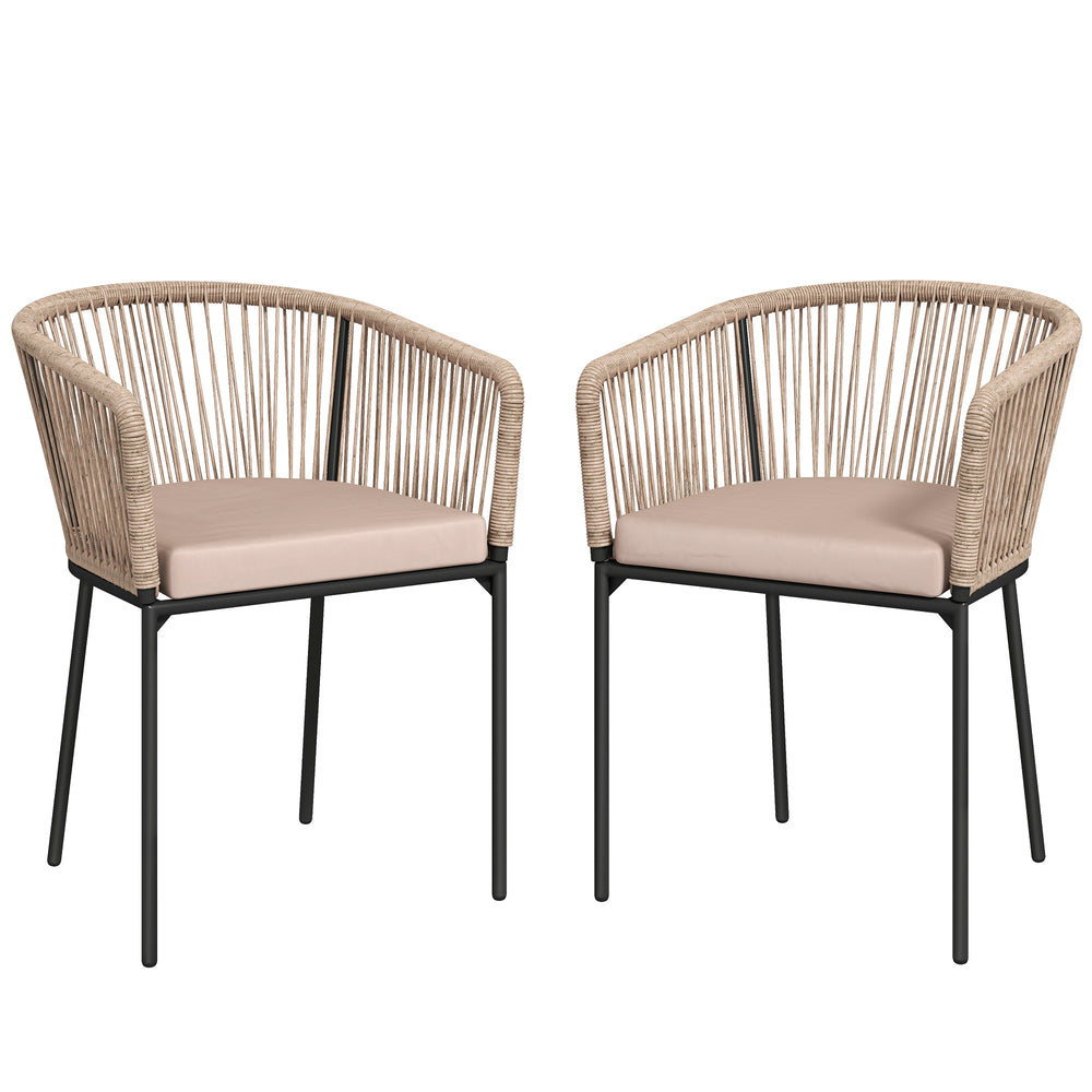 Outsunny Garden Chairs Set of 2, Rattan Garden Dining Chairs with String Back Armrests, Cushions, Natural Wood Finish