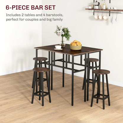 HOMCOM 6-Piece Bar Table Set, Counter Height Kitchen Dining Set with 2 High Tables & 4 Stools, Space Saving Compact Bar Furniture for Small Kitchens and Flats, Multiple Arrangements, Rustic Brown