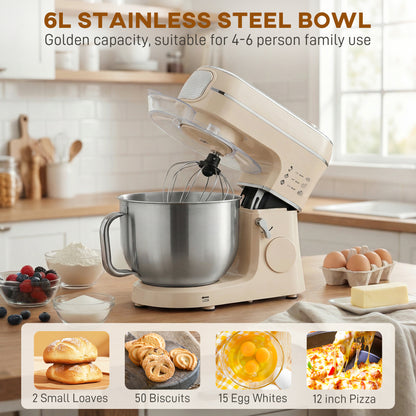 HOMCOM Stand Mixer, 6L 1400W Tilt-Head Food Mixer with 11 Speeds, Pulse & Fermentation Function, LED Display, Cream