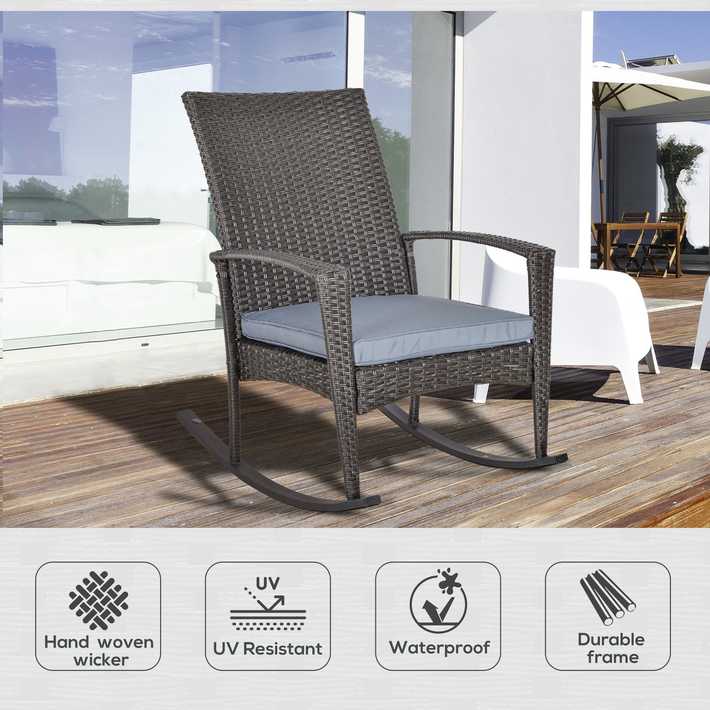 Outsunny Outdoor PE Rattan Rocking Chair, Garden Rocking Chair Set with Armrest and Cushion, Grey