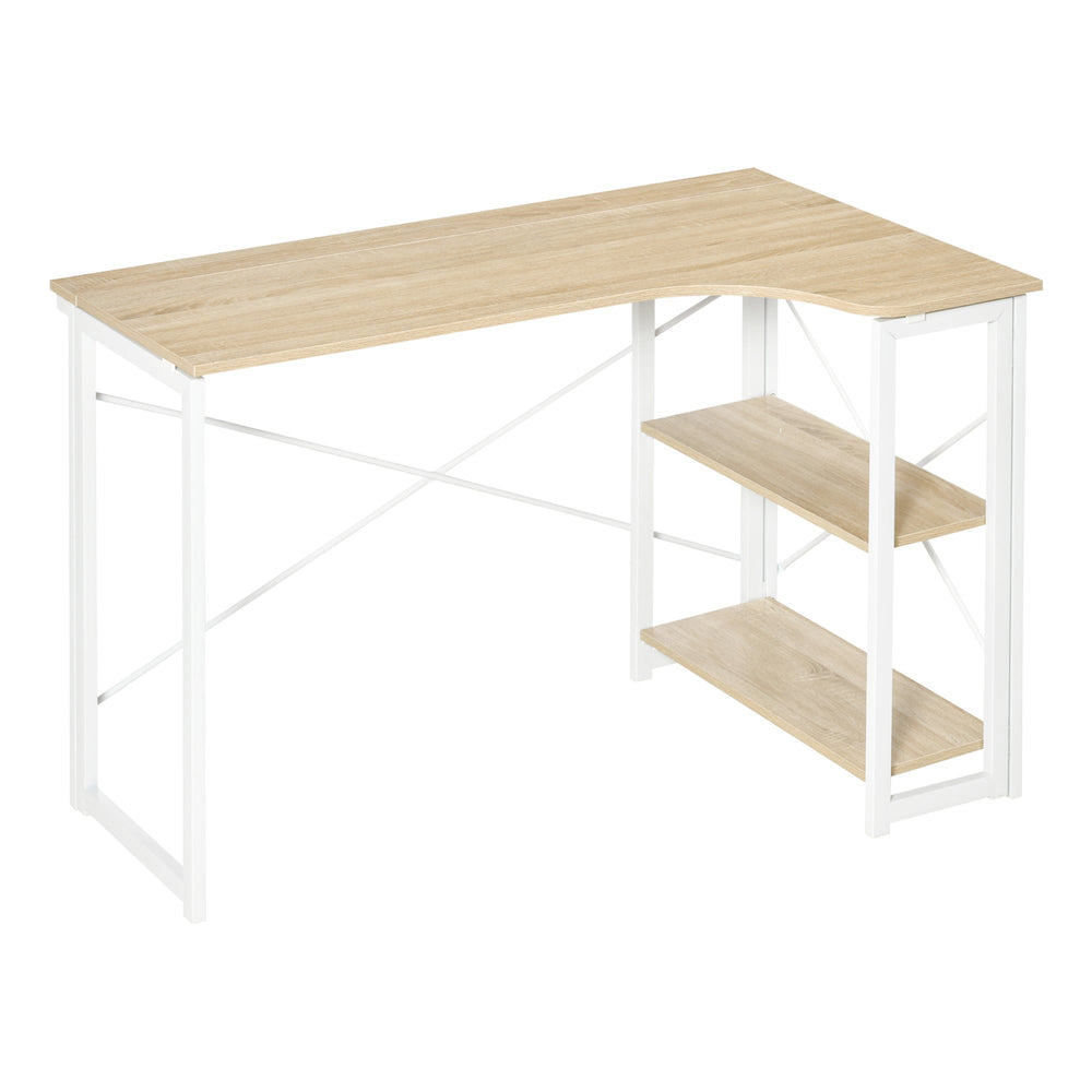 HOMCOM Folding Desk, L Shaped Desk, Corner Computer Desk with 2-Tier Storage Shelf for Home Office, Study Room, Workstation, Easy Assembly, 120 x 72.5 x 76.5cm, Oak Tone