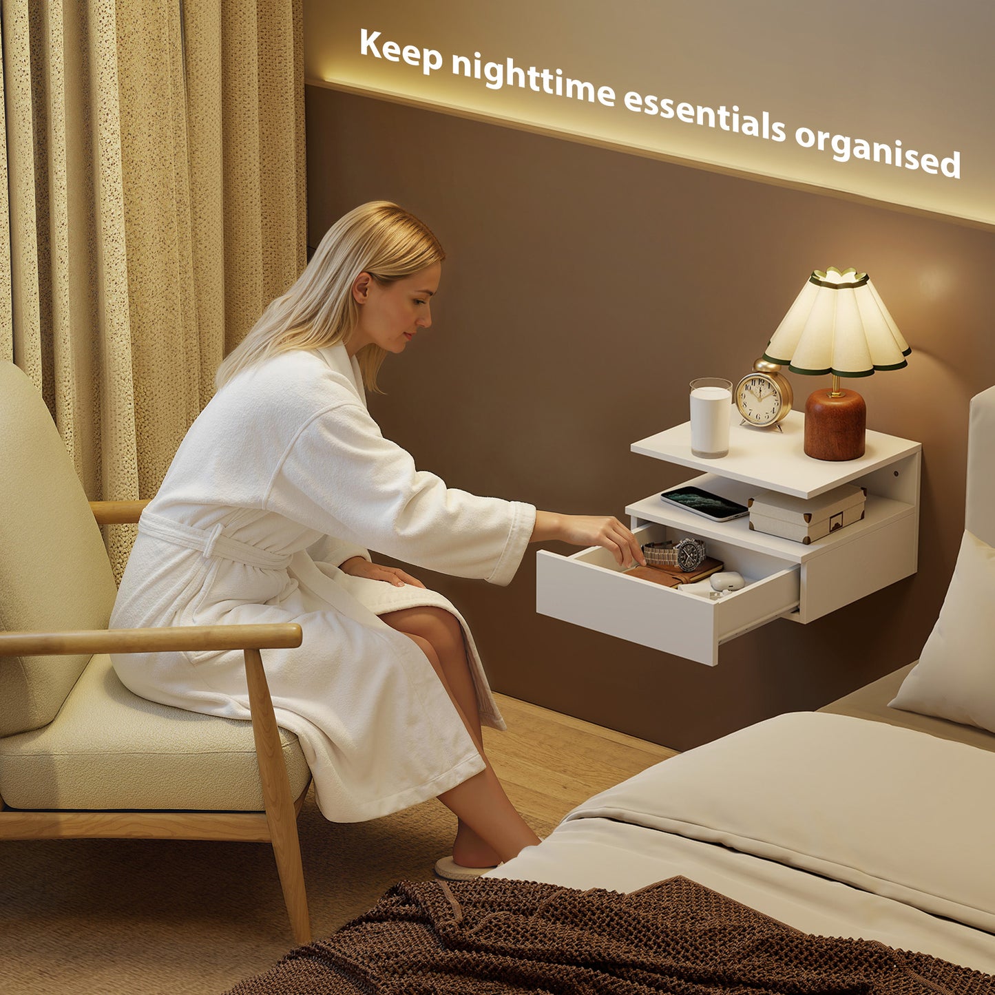 HOMCOM Set of Two Floating Bedside Tables - White