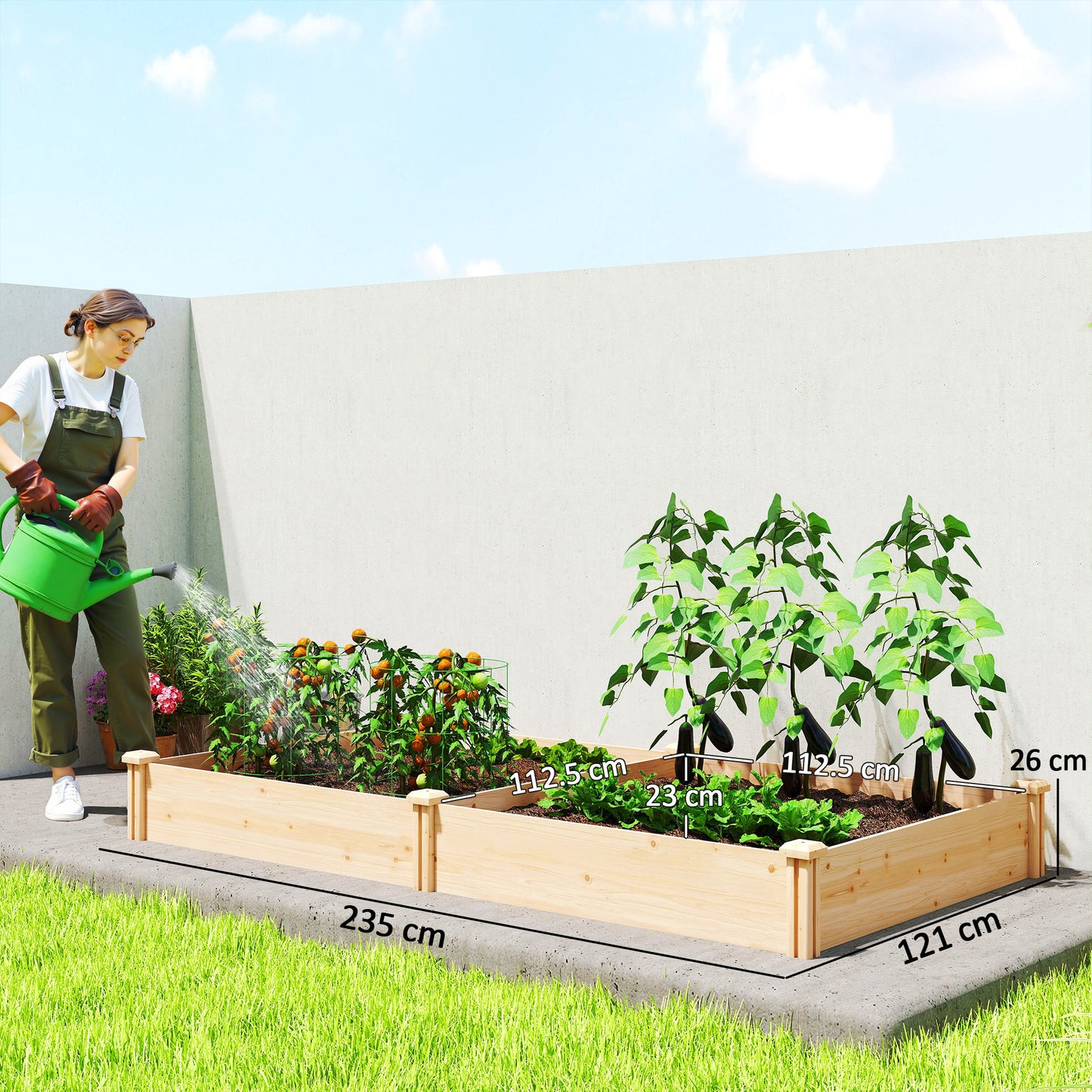 Outsunny Raised Garden Bed, Wooden Planter Box with Divider and Open Bottom for Flowers, Herbs, Vegetables, DIY Painting