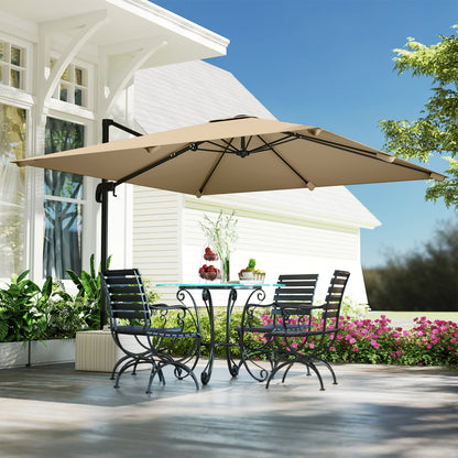 Outsunny 3 x 3 m Cantilever Parasol, Square Patio Umbrella with Crank Handle, Cross Base, Tilt, 360° Rotation, Khaki